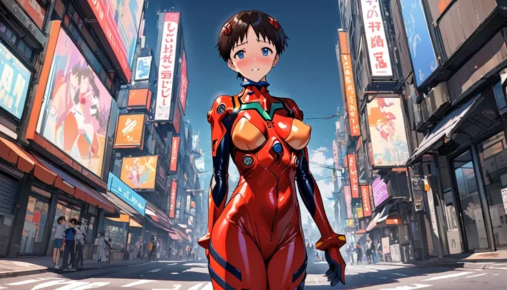 Evangelion plugsuit, male focus, ikari shinji, pilot suit super big breasts breast enlargement blushing standing alone in sci-fi city full-body shot