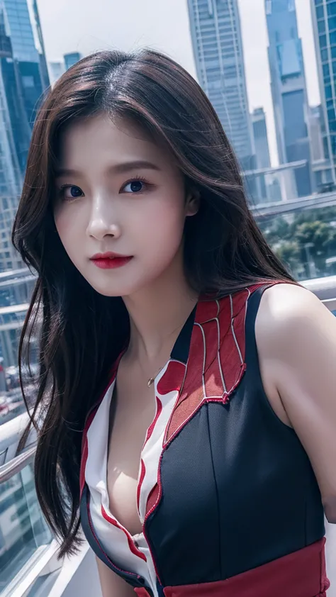 her with a series face , spider women , cut at cleavage, on a building,(8k) high quality