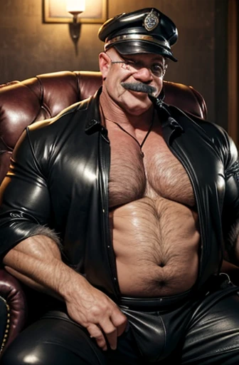  A very oiled full body bodybuilder smiling old man sweaty bald man smoking a cigar with big handlebar mustaches and a black leather police cap on his head extremely muscular and extremely fat over 70 years old weighs over 600 pounds very muscular very hai...