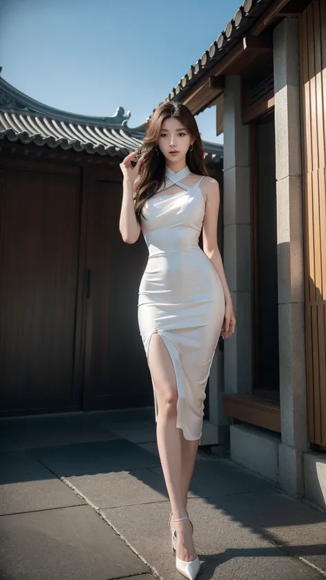 In this stunning film image shot with a 70mm frame, The ISO100 setting perfectly emphasizes the flawless skin of Korean women.. She stands tall on top of a building., Exuding confidence as she wore a transparent mirror dress that elegantly hung over her cu...