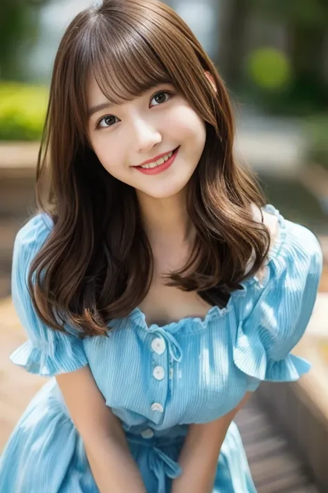 Realistic photo quality、Close up portrait of woman with long brown hair, Realistic young gravure idol,  Cute smile,   Cute beautiful face, Semi-long hair、Light blue frilled dresini skirt、Natural and gentle look、looking at the camera