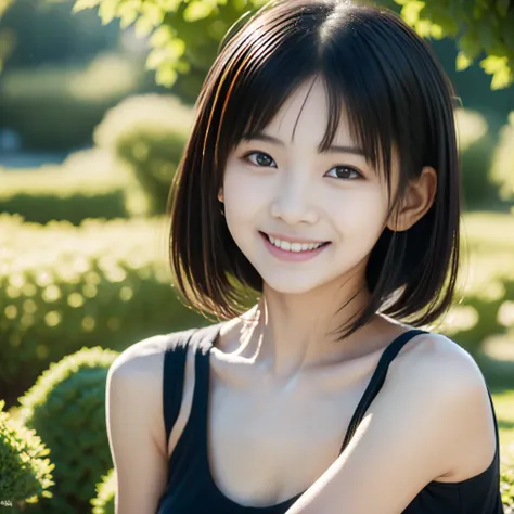 16 years oldの少女, highest quality, masterpiece, girl, Black Hair, 黒のショートパンツhighest quality, masterpiece, (8k, RAW Photos, highest quality, masterpiece: 1.2), Super detailed, Super Resolution, (Genuine, Genuine photos: 1.37), Plain black tank top, Photoreali...