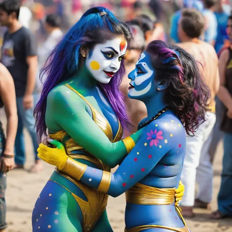 (2 women, Desi, 40, average build, hair and outfit appropriate to scene) are in body paint as jesters, they are wrestling for a crowd of rowdy aliens