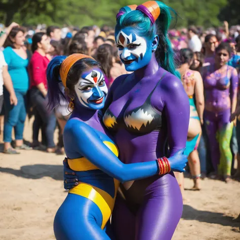 (2 women, Desi, 40, average build, hair and outfit appropriate to scene) are in body paint as jesters, they are wrestling for a crowd of rowdy aliens