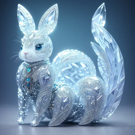 Cute Crystal Bunny、Made of crystal、full bodied lesbian、4K、(cyborg:1.1)、([tail|Thin line drawing]:1.3)、(Intricate details)、hdr、(Intricate details、Super Detail:1.2)、Cinematography、centering、Cute little bunny made of crystal、4K、(cyborg:1.1)、([tail|Thin line d...