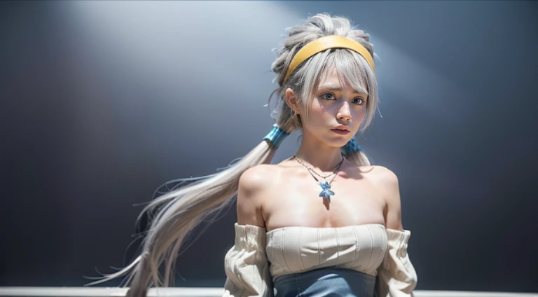 VELZARD, BANGS, BLUE EYES, GREY HAIR, HAIR BETWEEN EYES, LONG HAIR, TWINTAILS, YELLOW HAIRBAND, BARE SHOULDERS, JEWELRY, NECKLACE, DRESS, CLEAVAGE, DETACHED SLEEVES, BLUE SKIRT, 1girl, solo, upper body, facing viewer, looking at viewer, smile,