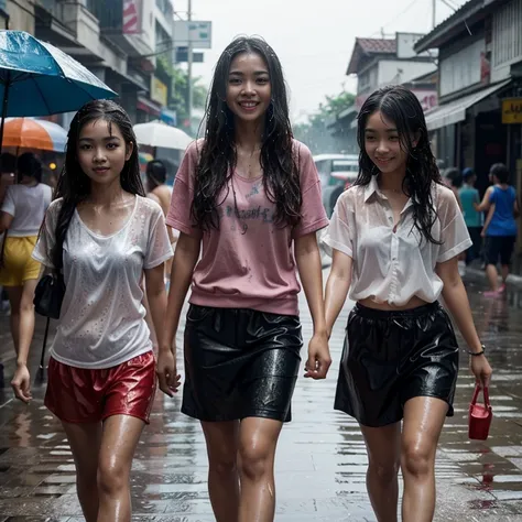 Songkran, wet street , soaked young girls, drenched, dripping, wet clothes, wet skin, wet hair, 8k, masterpiece, photorealistic, beautiful, happy, clinging heavy clothes