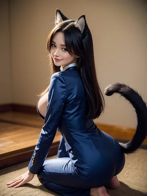 ((highest quality, 32k)), ((masterpiece)), (Familiar), Perfect Face, Fox Girl, Beautiful woman, public, Has a tail, She has a fluffy tail, She has a cat&#39;s tail, She wags her tail, smile, bell collar, She is wearing a pantsuit, Beautiful Hips, Big Breas...