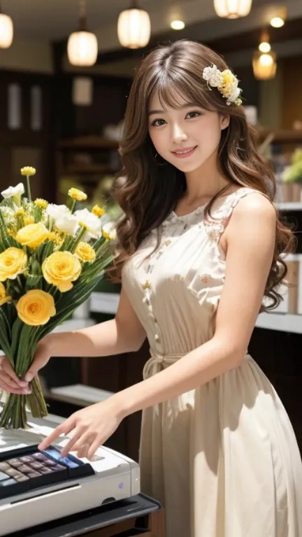 highest quality，masterpiece，超A high resolution，RAW Photos，One Girl，Loose perm hair、length、brown hair、Arms crossed、Japanese、Loose perm hair、length、brown hair、smile、Professional photography、Eye contact with the audience、Same skin type as humans、A woman dress...