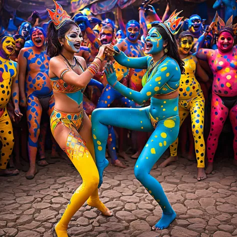 "(best quality, highres, ultra-detailed), (2 women, Desi, 40, average build, in colorful body paint,(playful, vibrant) jesters), wrestling for a crowd of rowdy aliens, in an(otherworldly) atmosphere,unencumbered, uninhibited, (brave and bare except for the...