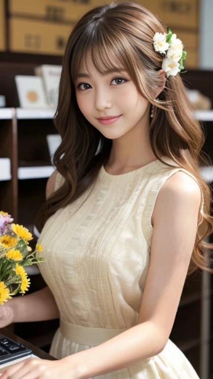 highest quality，masterpiece，超A high resolution，RAW Photos，One Girl，Loose perm hair、length、brown hair、Arms crossed、Japanese、Loose perm hair、length、brown hair、smile、Professional photography、Eye contact with the audience、Same skin type as humans、A woman dress...