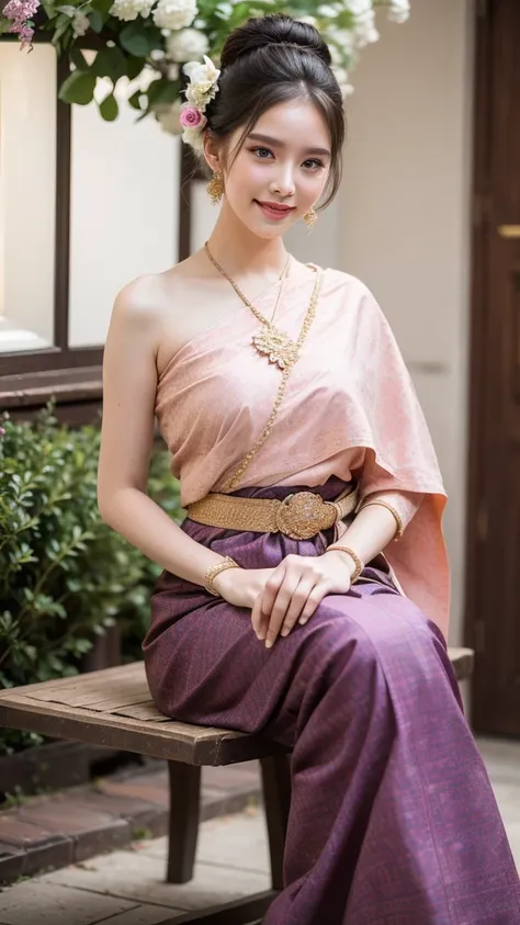 best quality : 1 woman , thai girl in traditional thai dress, bright pink and purple, complex pattern, highly detailed, beautifu...