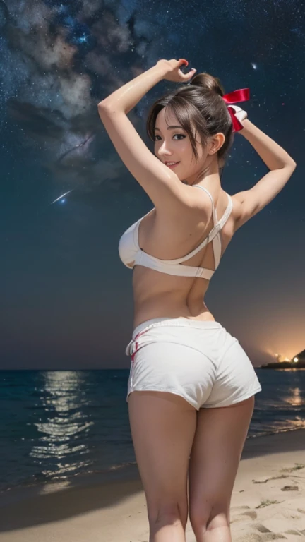 Tabletop, (highest quality), 23 years old,Very detailed, finely, (High resolution), (8k), ((Perfect rear view composition)), (Natural color lip),(ponytail:1.3),(((Sandy beach at night－Are standing))),((red and white fitness shorts)),((From the whole body t...