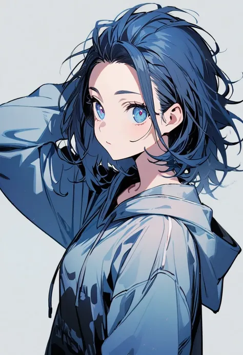 1 girl,Solo,front view from front facing viewer,medium hair,hair slicked back,dark blue eyes,Hands behind head, messy hair,(cool girl),(Sharp blue eyes),(dark color),(Hoodie)