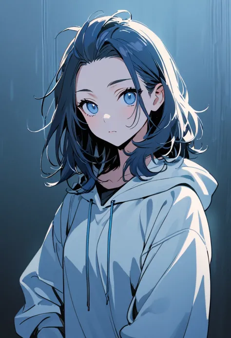 1 girl,Solo,front view from front facing viewer,medium hair,hair slicked back,dark blue eyes,Hands behind head, messy hair,(cool girl),(Sharp blue eyes),(dark color),(Hoodie)