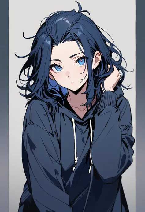 1 girl,Solo,front view from front facing viewer,medium hair,hair slicked back,dark blue eyes,Hands behind head, messy hair,(cool girl),(Sharp blue eyes),(dark color),(Hoodie)