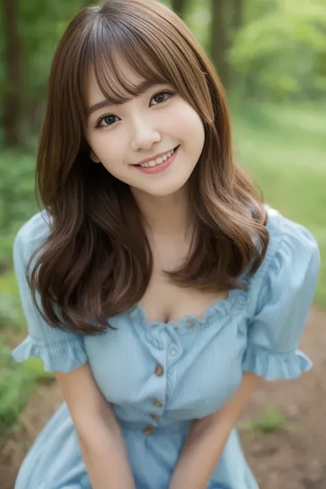 Realistic photo quality、Close up portrait of woman with long brown hair, Realistic young gravure idol, かわいらしいsmile, Cute beautiful face, Semi-long hair、Light blue frilled dress、Button up the dress from the top３Remove、Part of the bra is visible、Slightly lar...