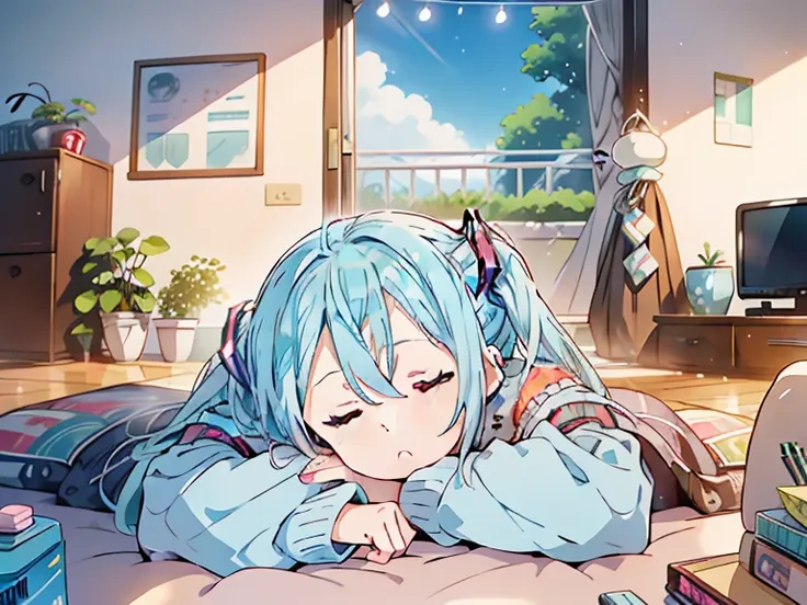 1 girl in, ((miku hatsune))、sleep、kotatsu, the table, sleepeace, down face, light blue hair, winters, upper body,mikan, reflecti...