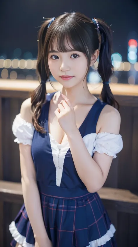 (highest quality,masterpiece:1.3,Ultra-high resolution),(Very detailed,8K),(Realistic:1.4,RAW shooting)。blurred background、Looking at the audience、Shy expression、18-year-old girl、Twin tails。A cup breasts、Idol Costumes。City of night。Night view。