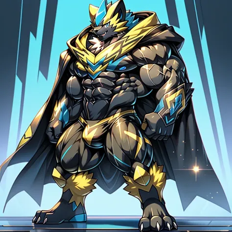 (masterpiece, best quality, detailed:1.2)
(Pokémon)
Powered exoskeleton with the same design as Zeraora
big muscle,
pecs, triceps, traps, waist narrow,
unusually developed muscular body,
bulge in the crotch, wears a small black string thong that reveals hu...