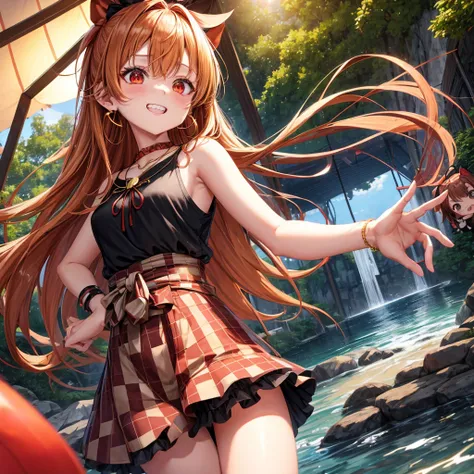 Brown, red, gold, golden hair、Red eyes、One good looking girl、solo、anime、Checkered mini skirt、Black camisole、Black T-shirt、hoodie、Wearing a ribbon、Ribbon on waist、Crystal Earrings、Gemstone Necklace、Light and shadow、Tilting face、Teeth are visible、waterfall、K...