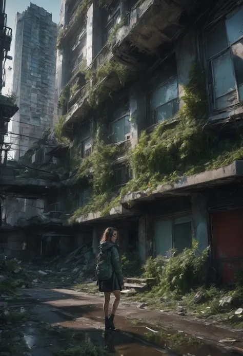 1girl, Post-Apocalyptic Wasteland, Post-apocalyptic cityscape. Toppled skyscrapers, abandoned playgrounds, trees and plants growing up through the sidewalk, photo-realistic, Intricately detailed architecture, green, black, dynamic volumetric lighting and c...