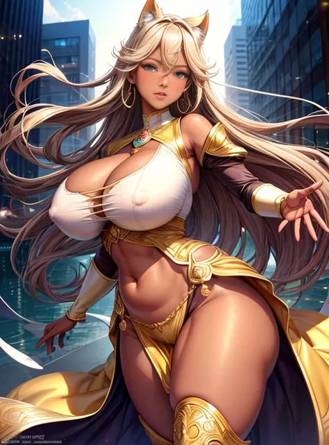 (highest quality:1.5, High resolution, 超High resolution, 4K, Detailed lighting, Shaders), Brown wavy hair, Gradient Hair, Cat ear, big breasts, Big Ass, Thick thighs, Mature Woman, Women&#39;s Stretch Jersey, Small skirt, White panties, White Skirt, (throw...