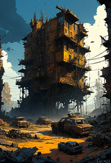 Post-Apocalyptic Wasteland, by Ian McQue, best quality, masterpiece, very aesthetic, perfect composition, intricate details, ultra-detailed