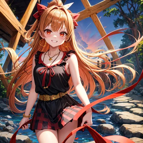 Brown, red, gold, golden hair、Red eyes、One good looking girl、solo、anime、Checkered mini skirt、Black camisole、Black T-shirt、hoodie、Wearing a ribbon、Ribbon on waist、Crystal Earrings、Gemstone Necklace、Light and shadow、Tilting face、Teeth are visible、waterfall、K...