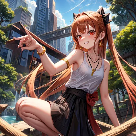 Brown, red, gold, golden hair、Red eyes、One good looking girl、solo、anime、Checkered mini skirt、Black camisole、Black T-shirt、hoodie、Wearing a ribbon、Ribbon on waist、Crystal Earrings、Gemstone Necklace、Light and shadow、Tilting face、Teeth are visible、waterfall、K...