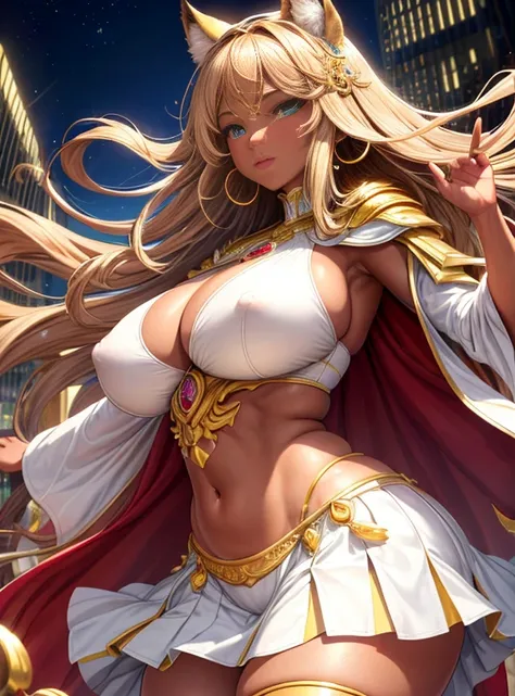 The goddess comes、(highest quality:1.5, High resolution, 超High resolution, 4K, Detailed lighting, Shaders), Brown wavy hair, Gradient Hair, Cat ear, big breasts, Big Ass, Thick thighs, Mature Woman, Women&#39;s Stretch Jersey, Small skirt, White panties, W...