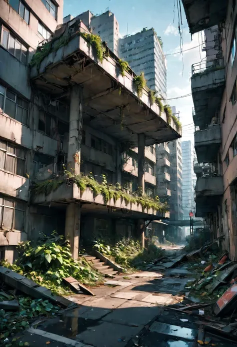 1girl, Post-Apocalyptic Wasteland, Post-apocalyptic cityscape. Toppled skyscrapers, abandoned playgrounds, trees and plants growing up through the sidewalk, photo-realistic, Intricately detailed architecture, green, black, dynamic volumetric lighting and c...