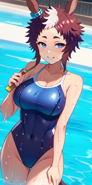 mejiro ryan (umamusume), long hair, one piece swimsuit, large breasts, thighs, swimming pool, (soaking wet:1.2), smiling