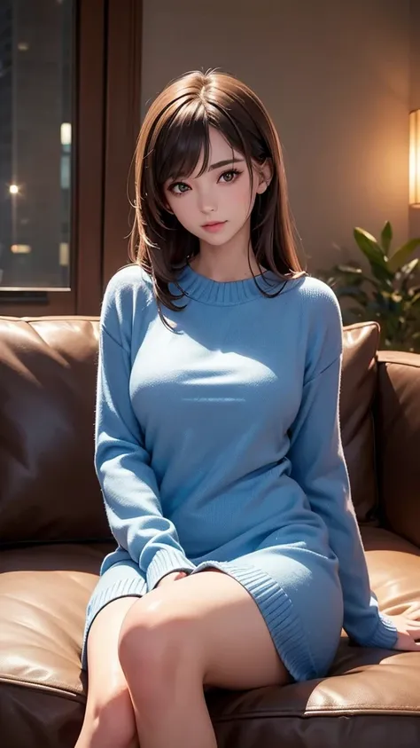 1_girl, solo, sksbrooke person, sksbrooke, (masterpiece:1.2), (best quality:1.2), perfect eyes, perfect face, 1girl, solo, brown eyes, (medium breasts), perky breasts, wearing a blue sweater dress, living room background, sitting on couch, leg spread 