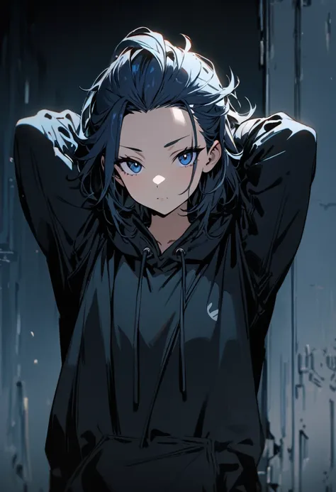 1 girl,Solo,front view from front facing viewer,medium hair,hair slicked back,dark blue eyes,Hands behind head, messy hair,(dark eyes),(cool girl),(Sharp blue eyes),(dark color),(Hoodie) masterpiece, best quality, high quality, detailed