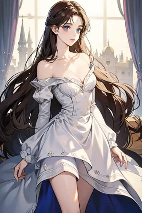 1girl, medium breasts with cleavage, quiet, white dress, long straight dark hair parted in the middle, dark brown hair, navy blue eyes, bare shoulders, white dress, calm face, calm, standing still, royalty, in a castle, medieval fantasy, NSFW