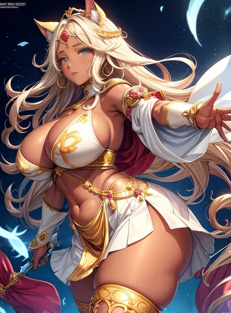 The goddess comes、Descended from the sky、(highest quality:1.5, High resolution, 超High resolution, 4K, Detailed lighting, Shaders), Brown wavy hair, Gradient Hair, Cat ear, big breasts, Big Ass, Thick thighs, Mature Woman, Women&#39;s Stretch Jersey, Small ...