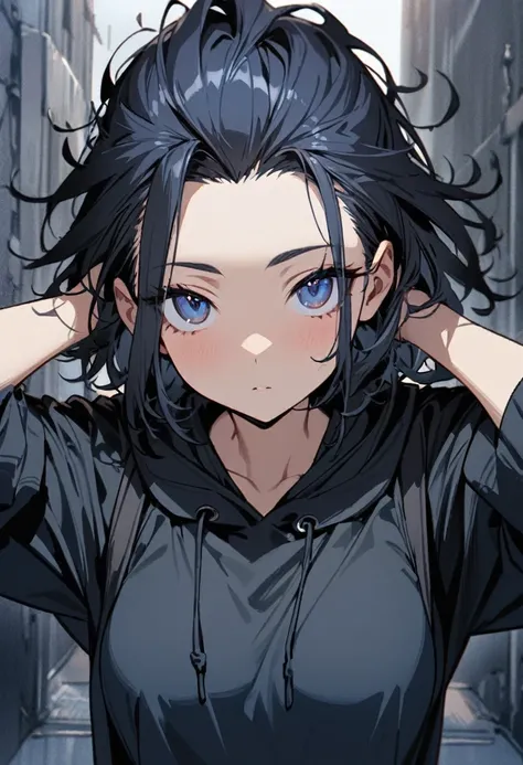 1 girl,Solo,front view from front facing viewer,medium hair,hair slicked back,dark blue eyes,Hands behind head, messy hair,(dark eyes),(cool girl),(Sharp blue eyes),(dark color),(Hoodie) masterpiece, best quality, high quality, detailed,medium-breasts