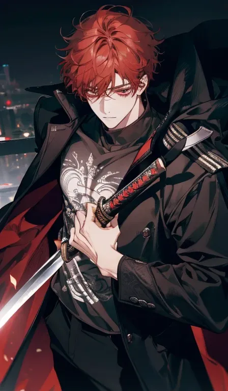 (absurd, high, extremely detailed),((masterpiece)), ((best quality:1.1)), High resolution, 8k, upper body, 1 boy, (red hair, curly hair light, layered hair :1.1 ), ((super short hair, neatly combed)), shaded face, (mens black coat with red interlacing, bla...