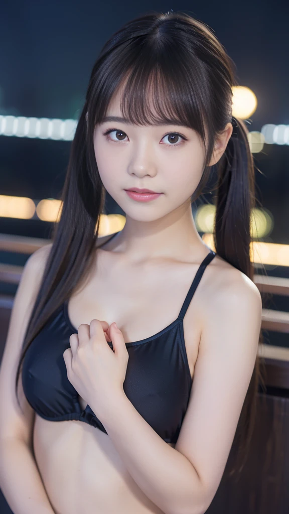 (highest quality,masterpiece:1.3,Ultra-high resolution),(Very detailed,8K),(Realistic:1.4,RAW shooting)。blurred background、Looking at the audience、Shy expression、18-year-old girl、Twin tails。A cup breasts、Sexy Swimwear、City of night。Night view。