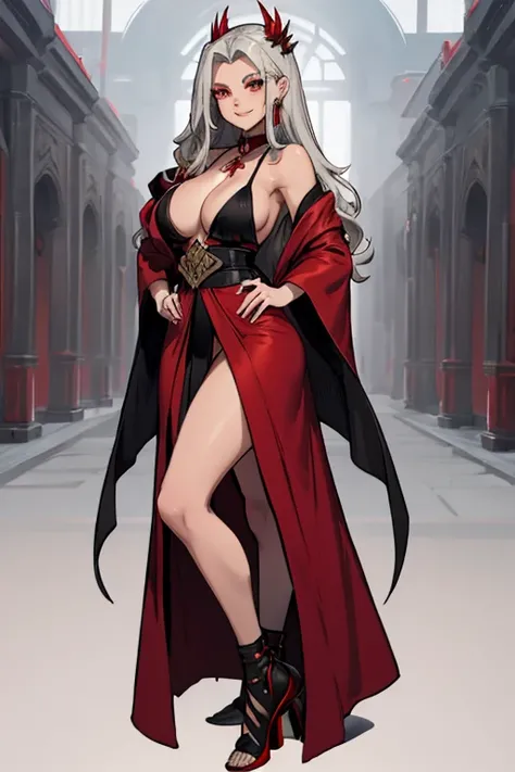 female, silver long hair, red eyes, tan skin, (((1girl))), (((red long robe with black accents))), (gold jewelry), (black heels), (black skirt), (black panties), cute and sexy, large breasts, large butt, full body, long legs, smiling, cleavage, shoulders e...