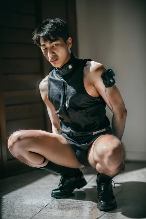 Teen male posing, (((16yo))), full body view, atmospheric, ultra realistic, SWAT fighter, kneel, SWAT uniform , sexy , NSFW , eroticism , seductive , micro thong , bare thighs  , torture platform 