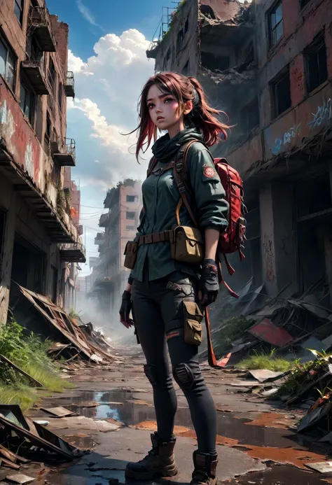 1girl, Post-Apocalyptic Wasteland, I invoke The World!(best quality,4k,8k,highres,masterpiece:1.2),ultra-detailed,(realistic,photorealistic,photo-realistic:1.37), HDR, UHD, studio lighting,ultra-fine painting,sharp focus,physically-based rendering,extreme ...