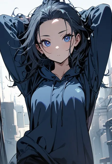 1 girl,Solo,front view from front facing viewer,medium hair,hair slicked back,dark blue eyes,Hands behind head, messy hair,(dark eyes),(cool girl),(Sharp blue eyes),(dark color),(Hoodie) masterpiece, best quality, high quality, detailed,medium-breasts