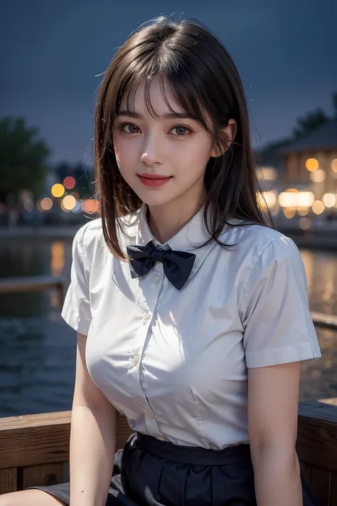 (8k, RAW photo, best quality, masterpiece:1.2), (realistic, photo-realistic:1.37), ultra-detailed, 1 girl,cute, solo,beautiful detailed sky,detailed cafe,night,sitting,dating,(nose blush),(smile:1.1),(closed mouth), medium breasts,beautiful detailed eyes,(...