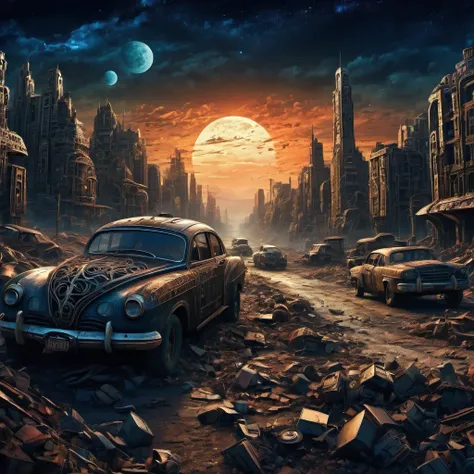 (best quality, highres, ultra sharp), magical, post-apocalyptic wasteland , city, cars, people, about the curvature of post-apoc...