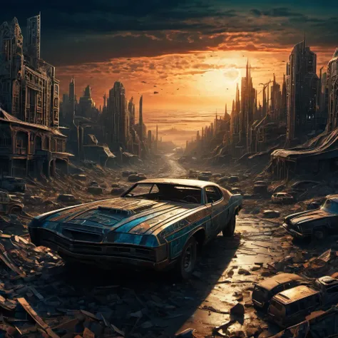 (best quality, highres, ultra sharp), magical, post-apocalyptic wasteland , city, cars, people, about the curvature of post-apoc...