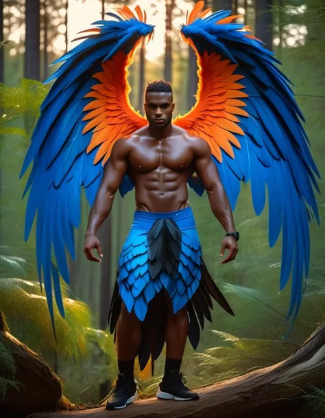 Black Demon Beautiful Male Black Man with Blue and Orange Details, Large Wings, Forest in the Background, Vibrant Colors, Full Body, Slim Athletic Build, Detailed Face, Detailed Hands, Detailed Legs, Detailed Fingers, Detailed Hair, Detailed Eyes, Detailed...