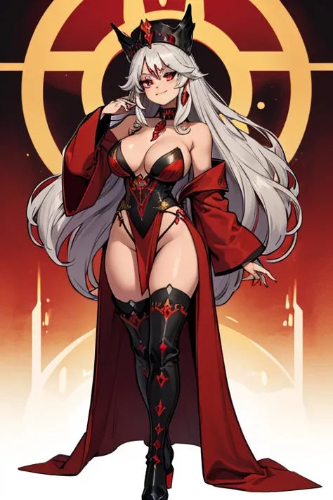 female, silver long hair, red eyes, tan skin, (((1girl))), (((red long robe with black accents))), (gold jewelry), (black thigh high heeled boots), (black panties), (black crown), cute and sexy, large breasts, large butt, full body, long legs, smiling, cle...