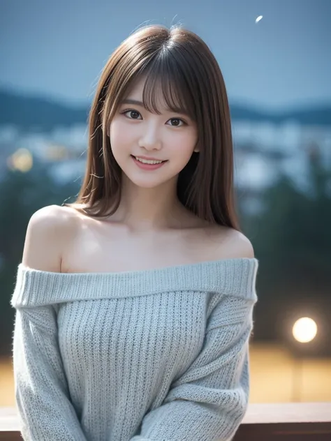 Tabletop, highest quality, 8k, 18-year-old, 10th Generation, Primary school students,Young Face,RAW Photos, Absurd, Award-winning portrait, smile, blush,alone, (night:1.8), Idol&#39;s face, Delicate girl,Delicate body, Upper Body, Digital single-lens refle...